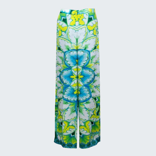 Colorful floral-patterned pants on a white background