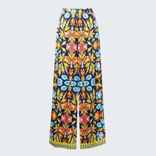 Colorful floral-patterned pants on a white background