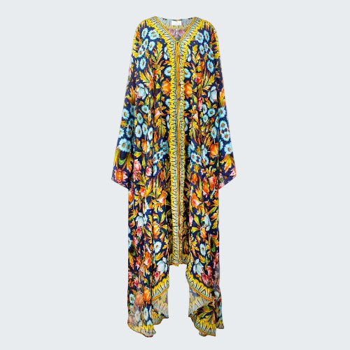 Colorful floral-patterned dress with a zipper on a white background