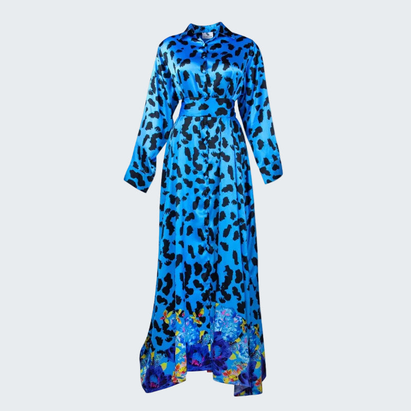 Blue dress with black leopard print on a white background