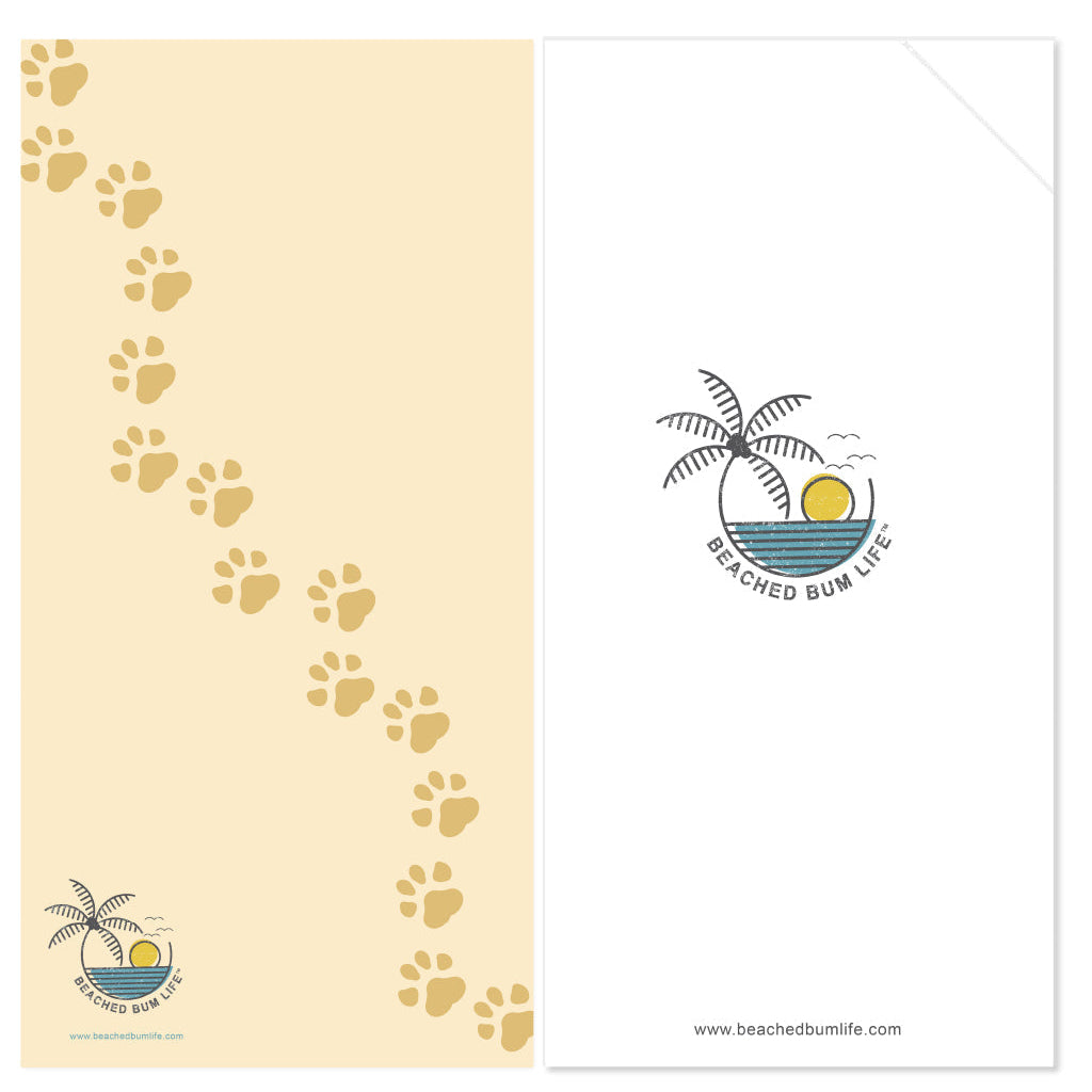 Beach-themed product with paw prints and 'Beached Bum Life' logo on a beige background