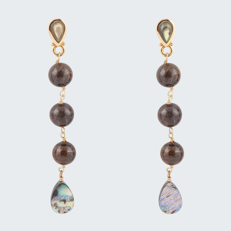 Pair of earrings with brown beads and teardrop-shaped gemstones on a white background