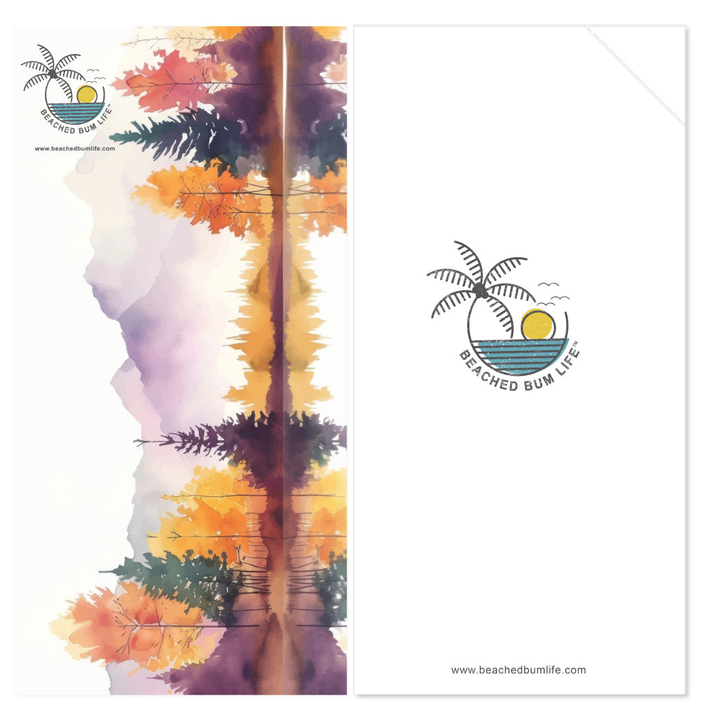Tie-dye design with palm trees and 'Beached Bum Life' logo on a white background