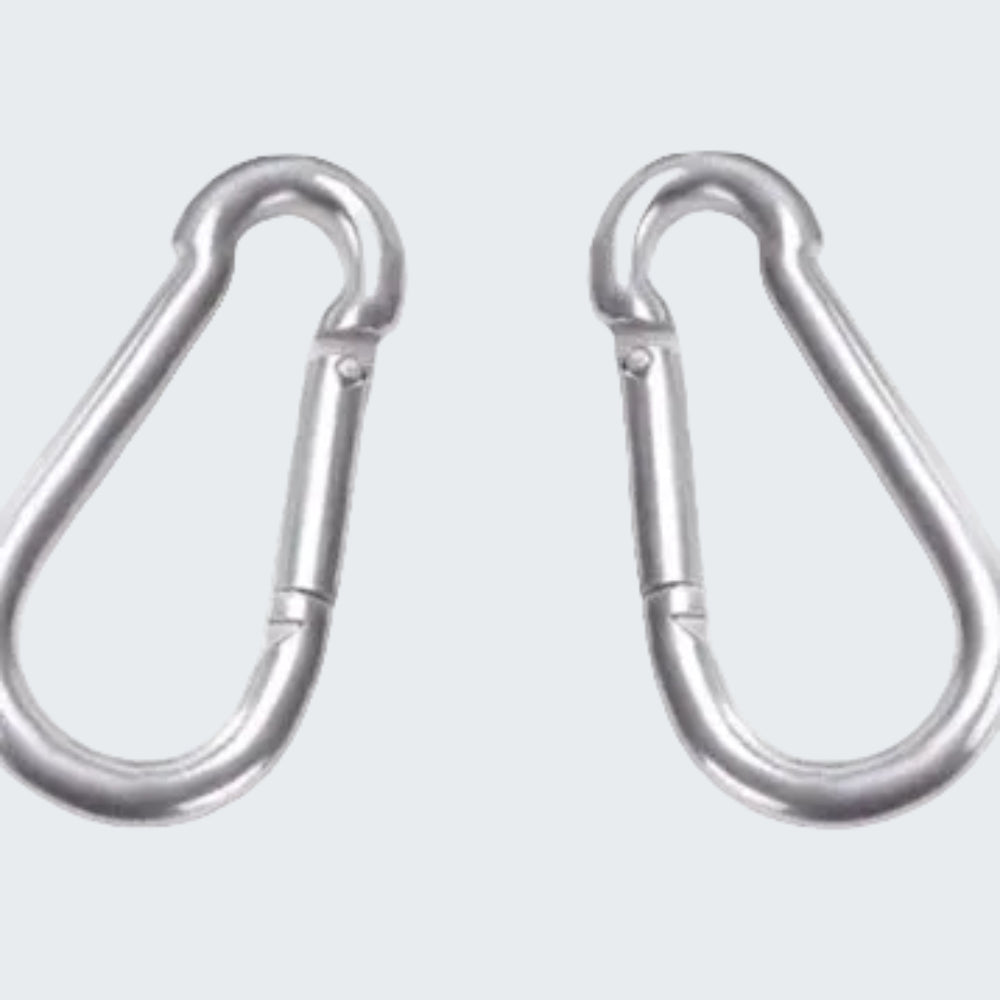 Two silver carabiners on a white background