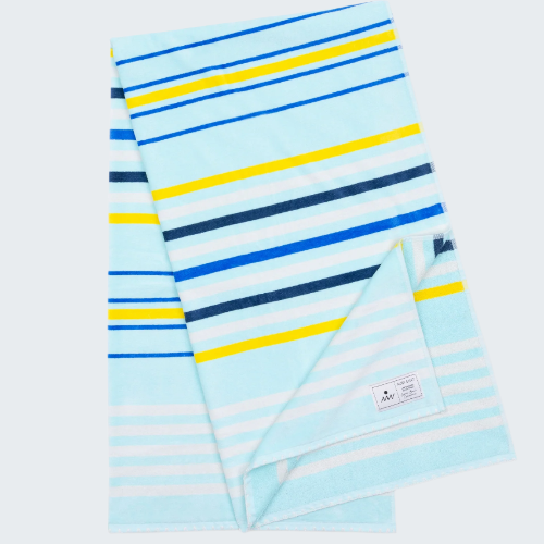 Two striped beach towels with blue, yellow, and white colors on a white background.