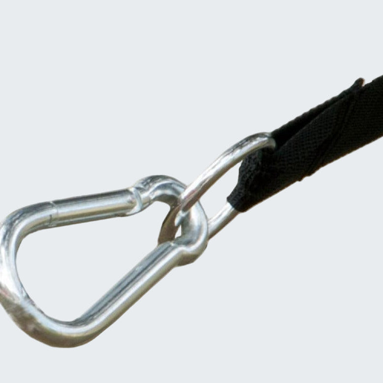 Metal carabiner attached to a black strap on a white background