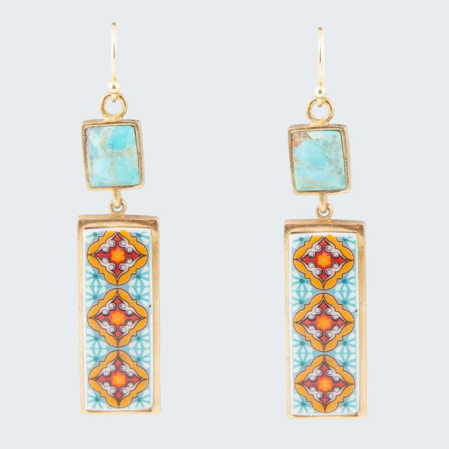 Pair of earrings with turquoise and colorful geometric design on a white background