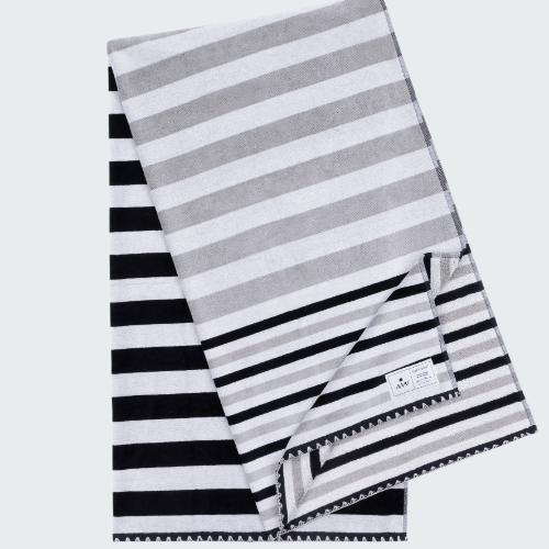 Striped towel with black, white, and gray stripes on a white background