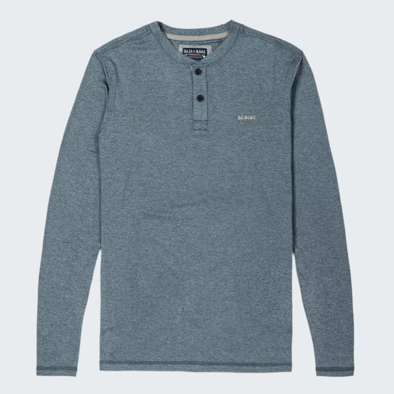 Blue long-sleeve henley shirt on a light gray background