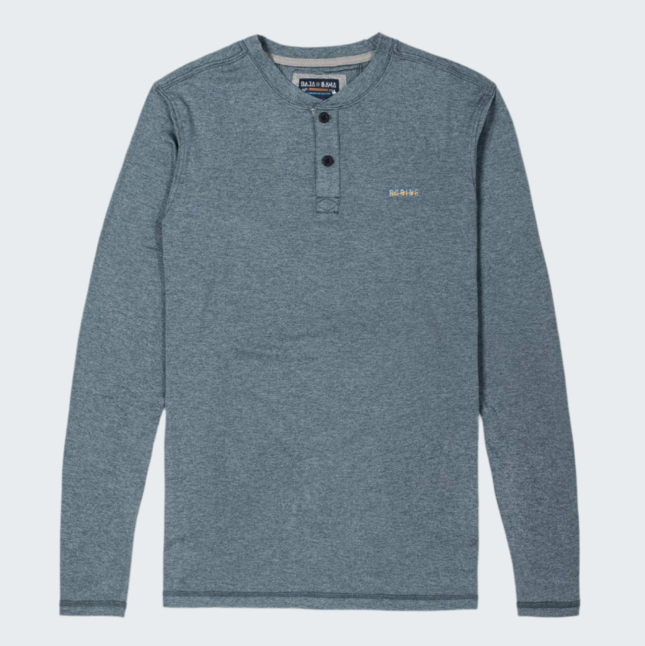 Blue long-sleeve henley shirt on a light gray background