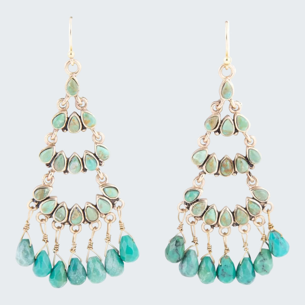 Turquoise chandelier earrings on a white background
