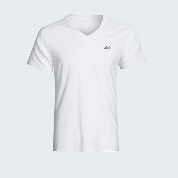 White t-shirt with a logo on a white background