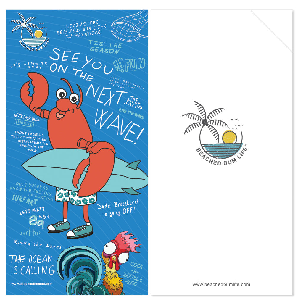 Cartoon lobster on a surfboard with beach-themed text and graphics, featuring the 'Beached Bum Life' brand.