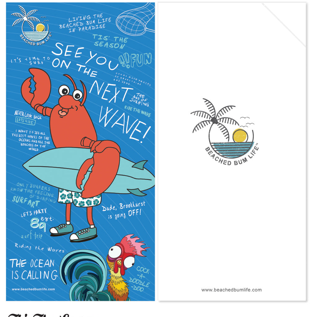 Cartoon lobster on a surfboard with beach-themed text and graphics, featuring the 'Beached Bum Life' brand.