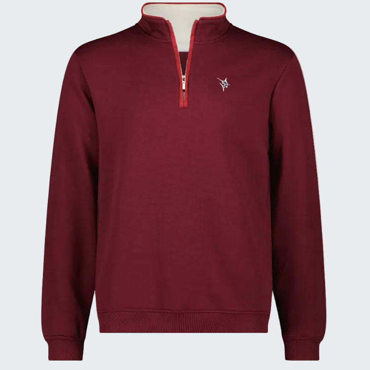 Maroon pullover with a small logo on a white background