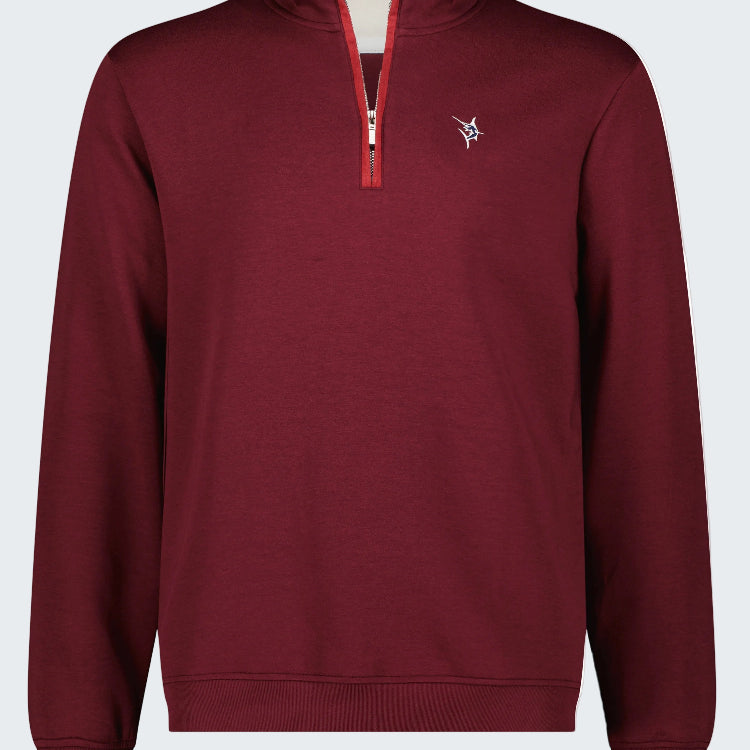 Maroon pullover with a small logo on a white background