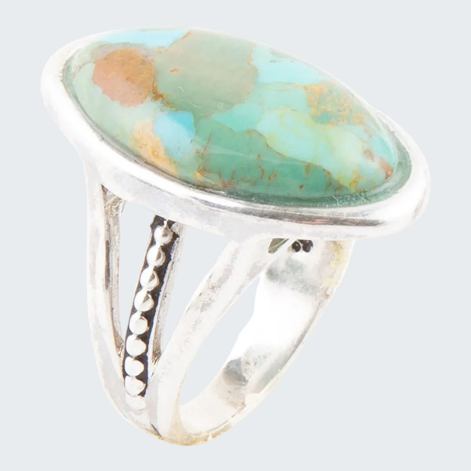 Turquoise stone ring with silver band on a white background