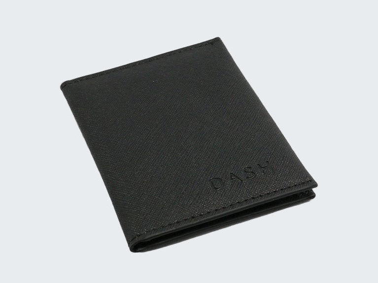 Black wallet with 'DASK' branding on a light gray background