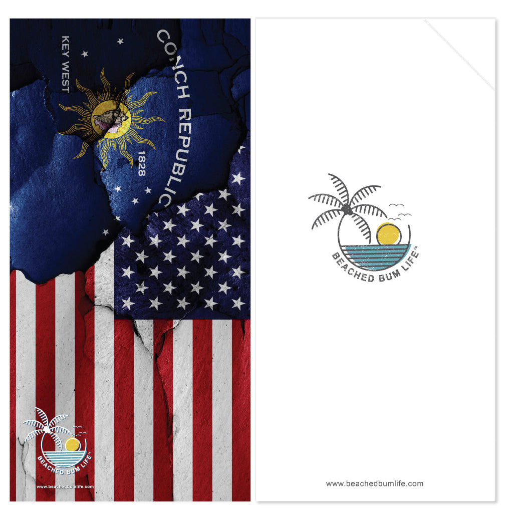Design with American flag and Conch Republic flag, featuring 'Beached Bum Life' logo.