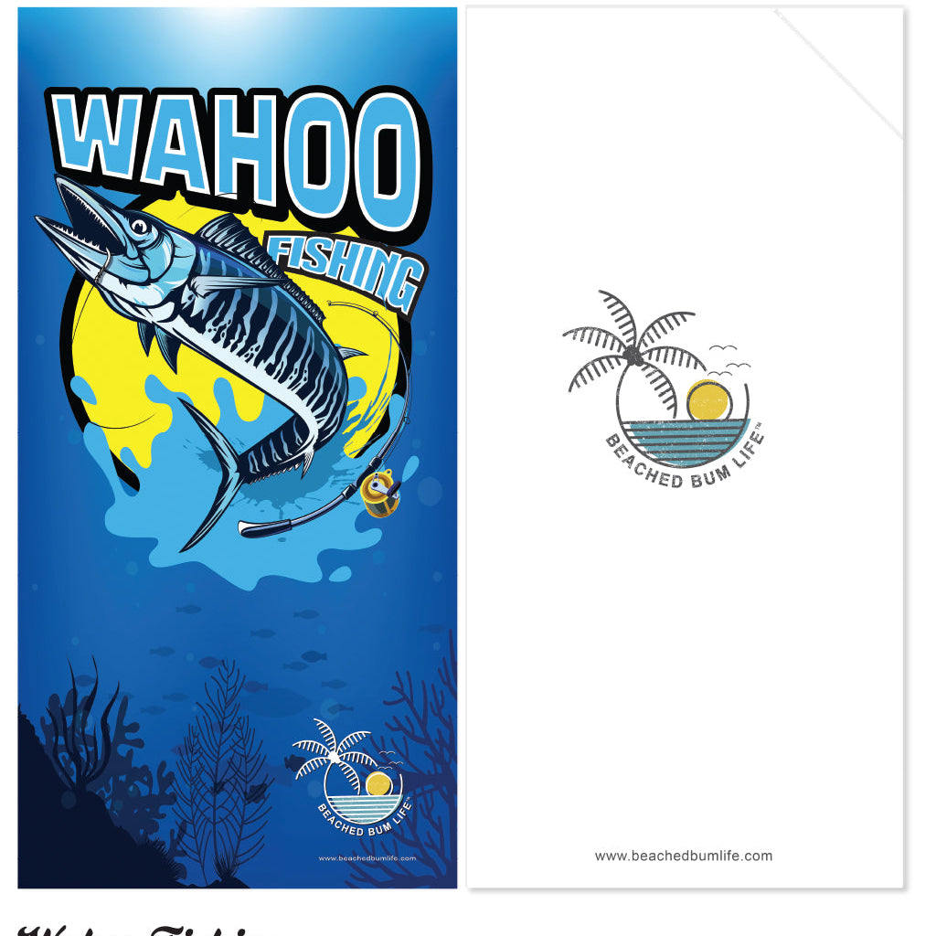 Fishing-themed product with 'Wahoo Fishing' text and a fish illustration on a blue background.