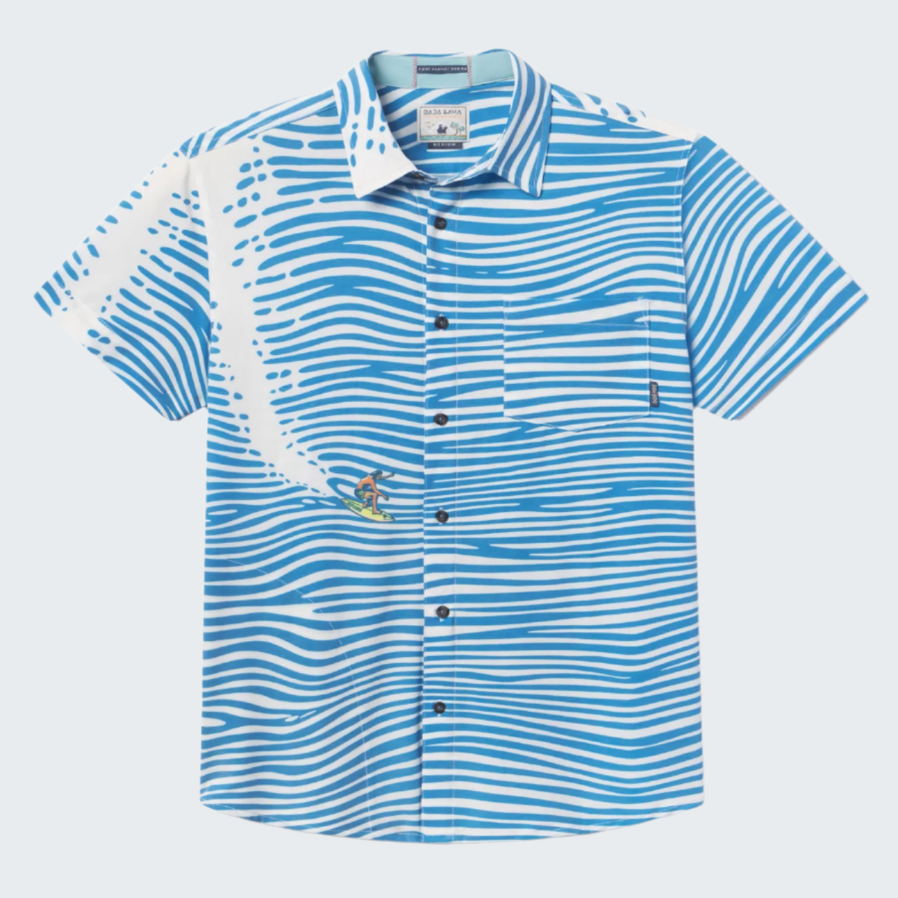 Blue and white striped shirt with a pattern on a white background