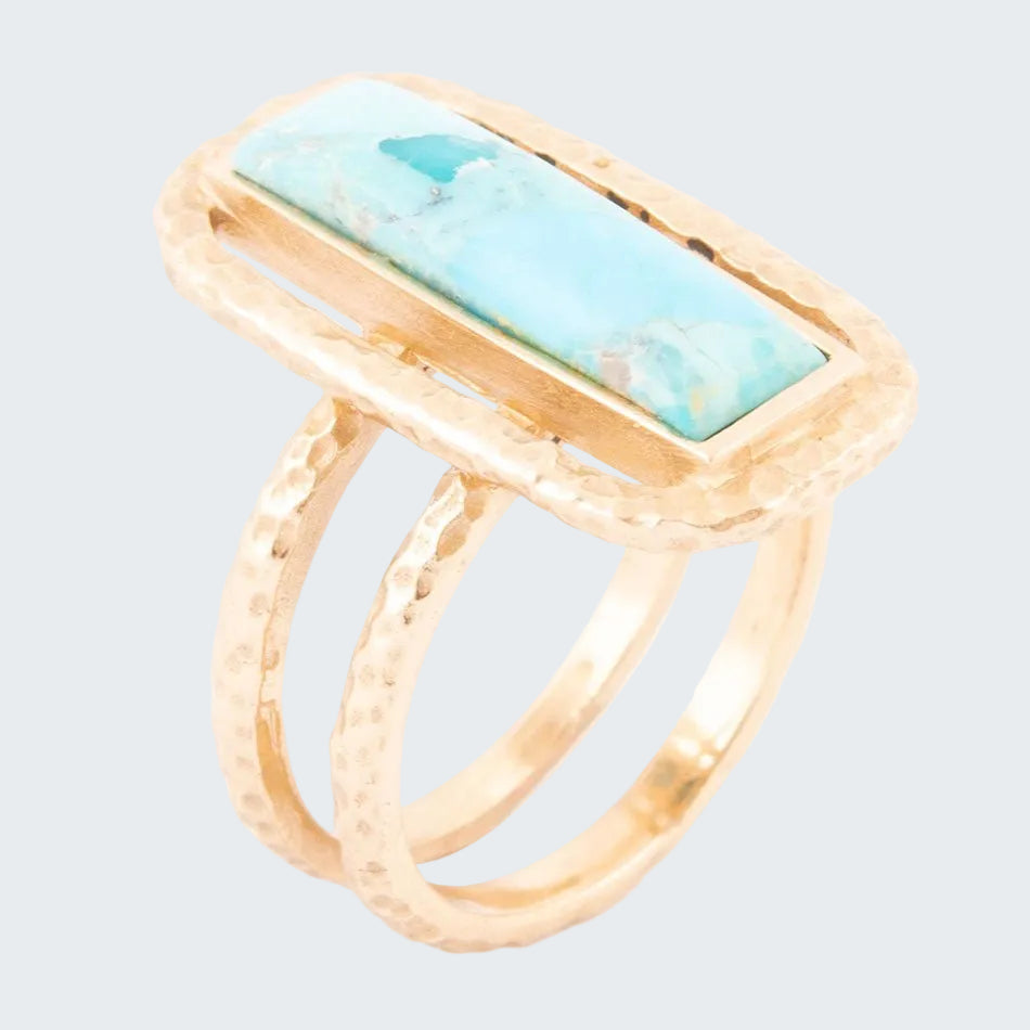 Gold ring with a turquoise stone on a white background