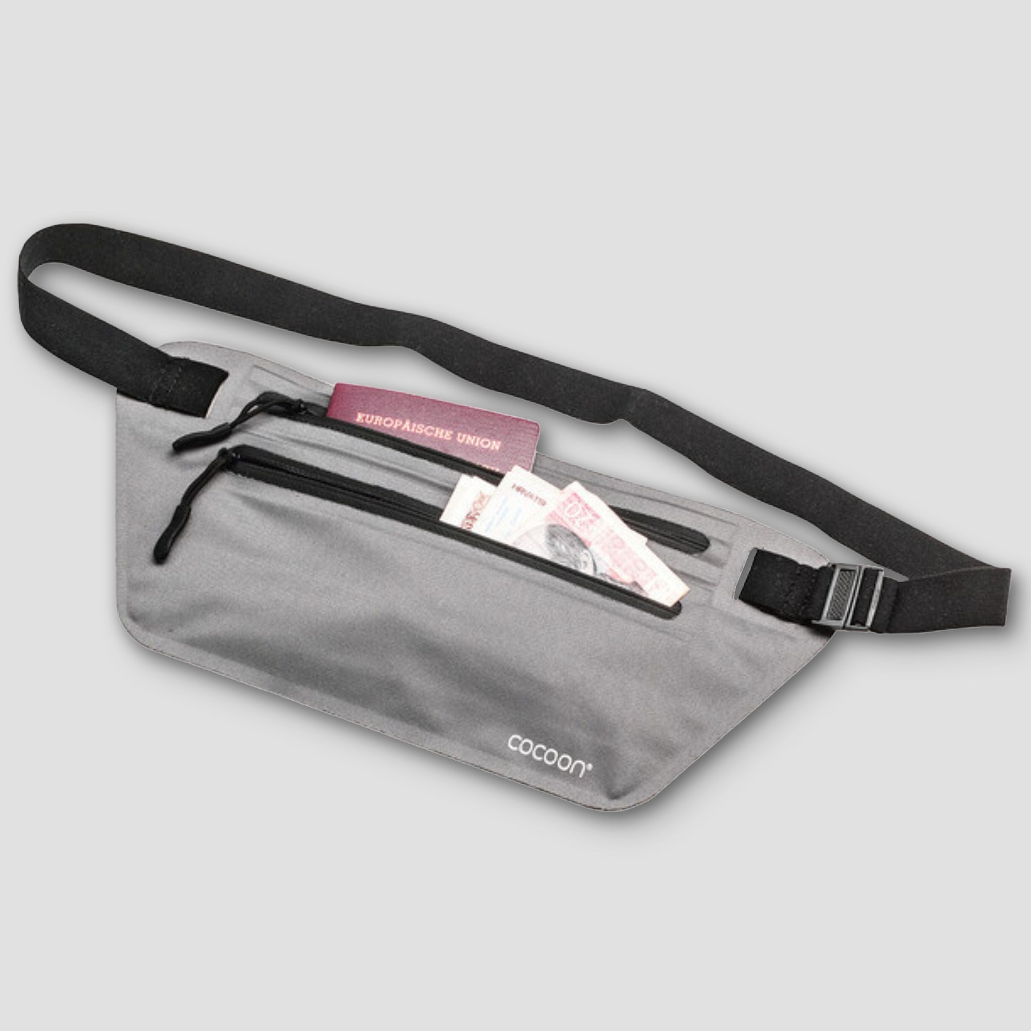 Gray waist bag with a black strap on a light gray background