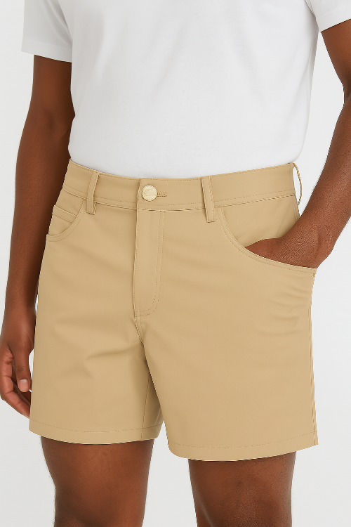 Levinas Everyday Stretch Shorts Denim Style Khaki — versatile Cabo vacation packing essential at Sun of the Beach Boutique