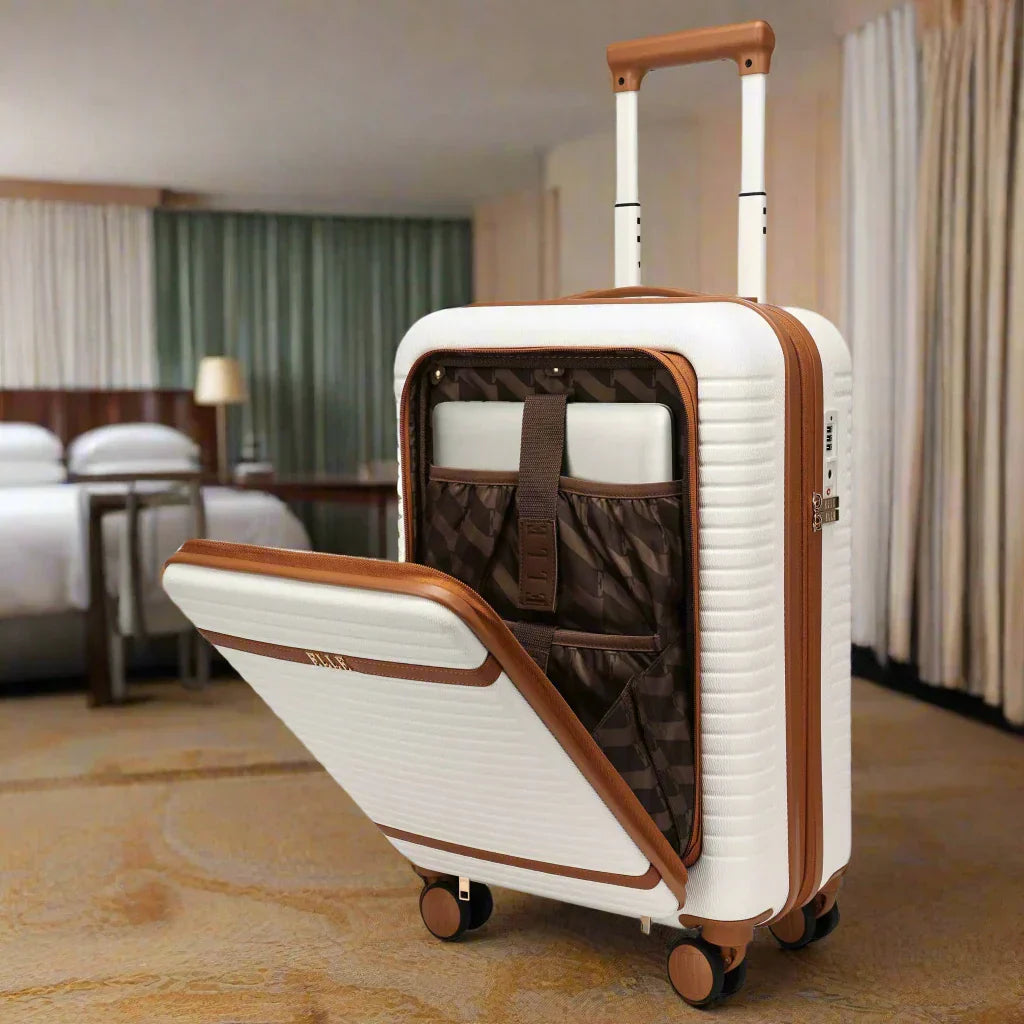Escape Expandable Laptop Carry-on Suitcase White — minimalist packing tips for vacation at Sun of the Beach Boutique