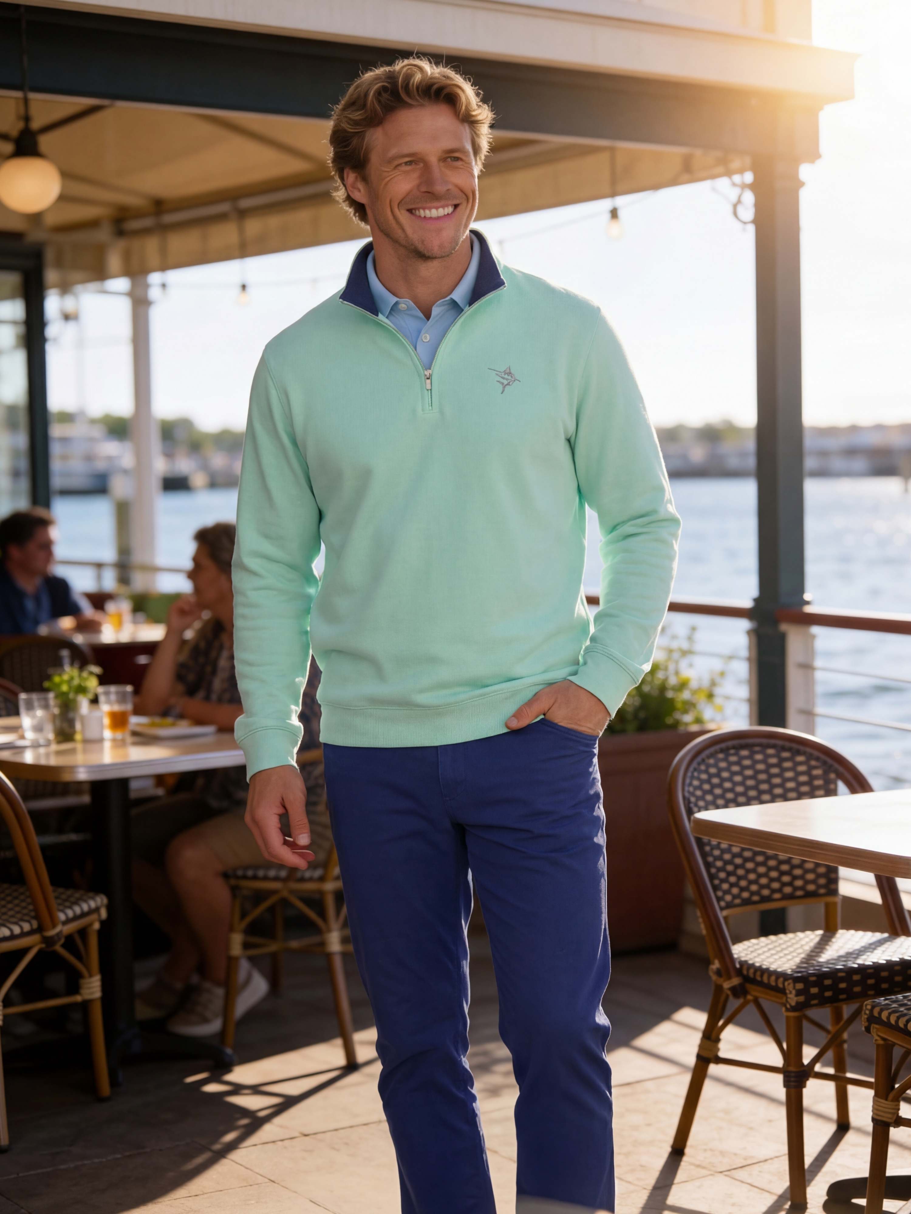 White Water Life Turnberry aqua and navy pants — top-to-toe travel looks for any itinerary at Sun of the Beach Boutique