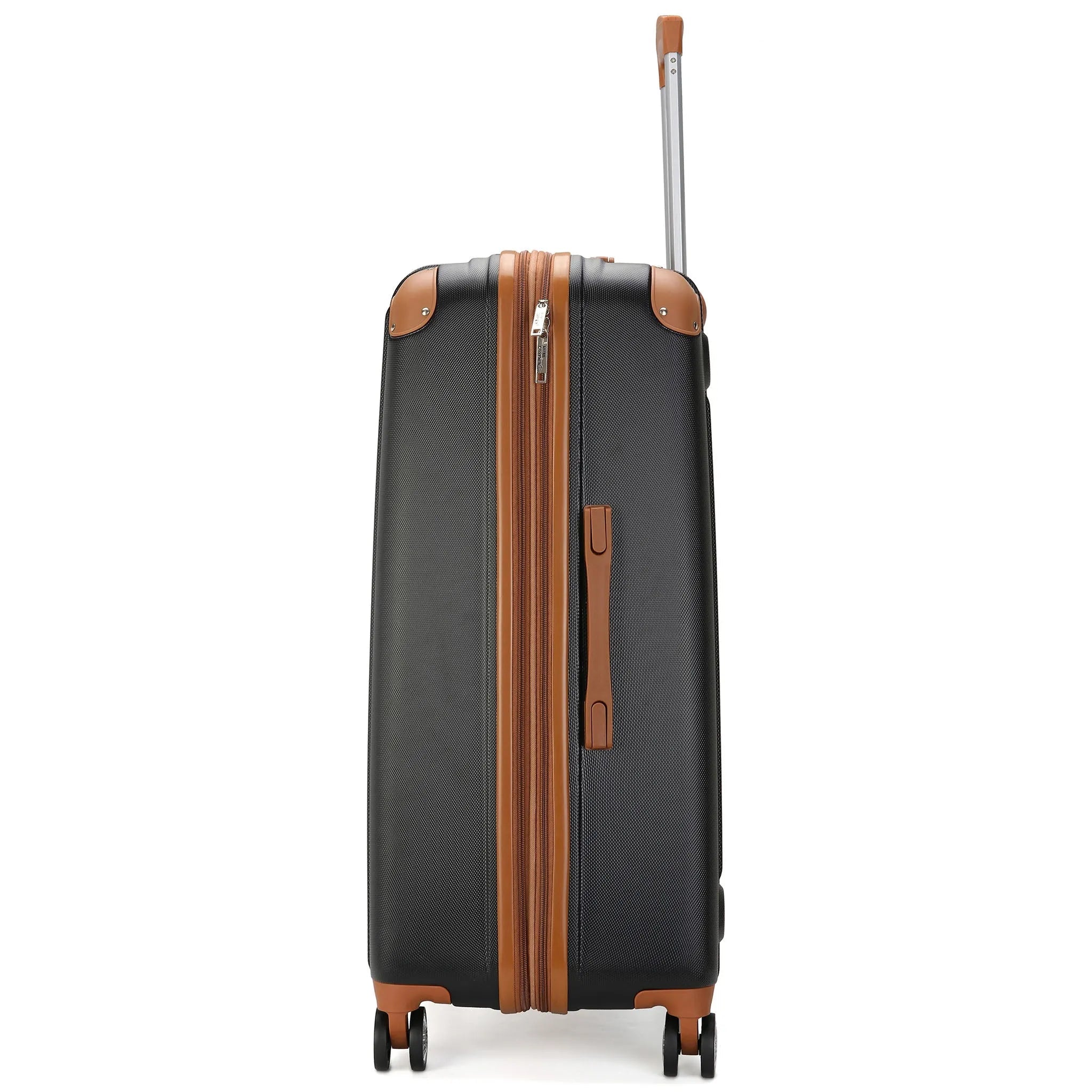 Black suitcase with brown accents on a white background