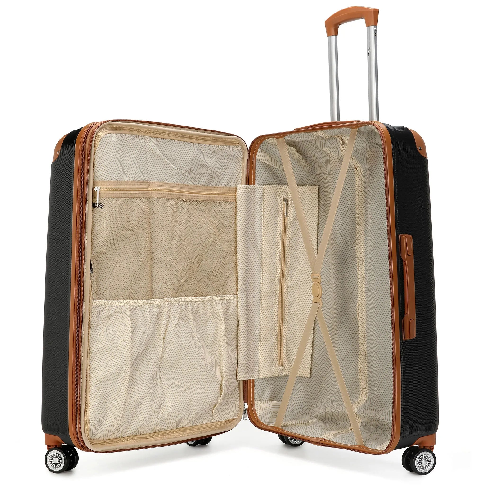 Open suitcase with interior organization panels on a white background