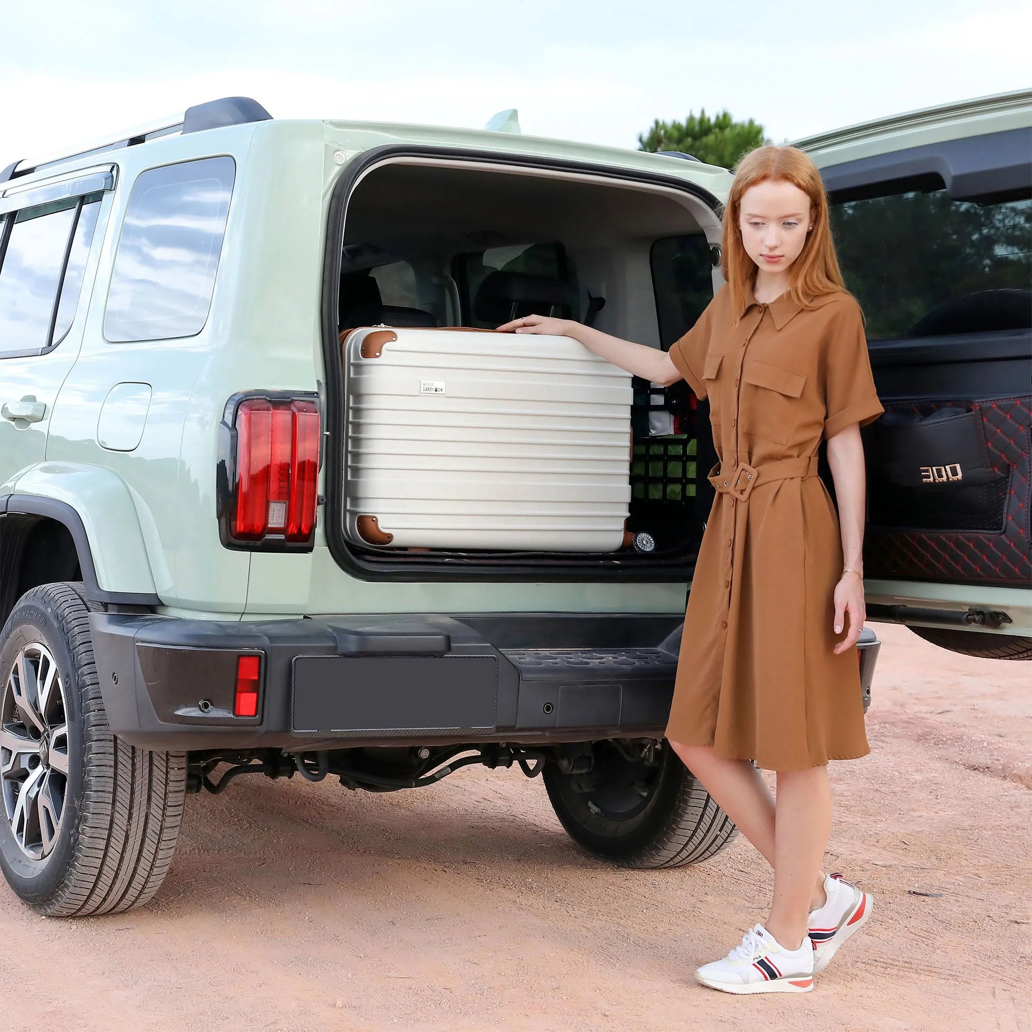 Woman opening the trunk of a light green SUV with a white cooler inside.