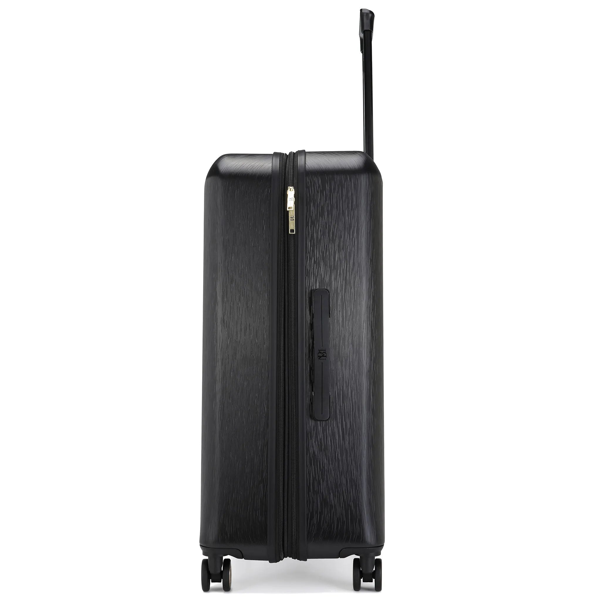 Black suitcase with a textured surface on a white background