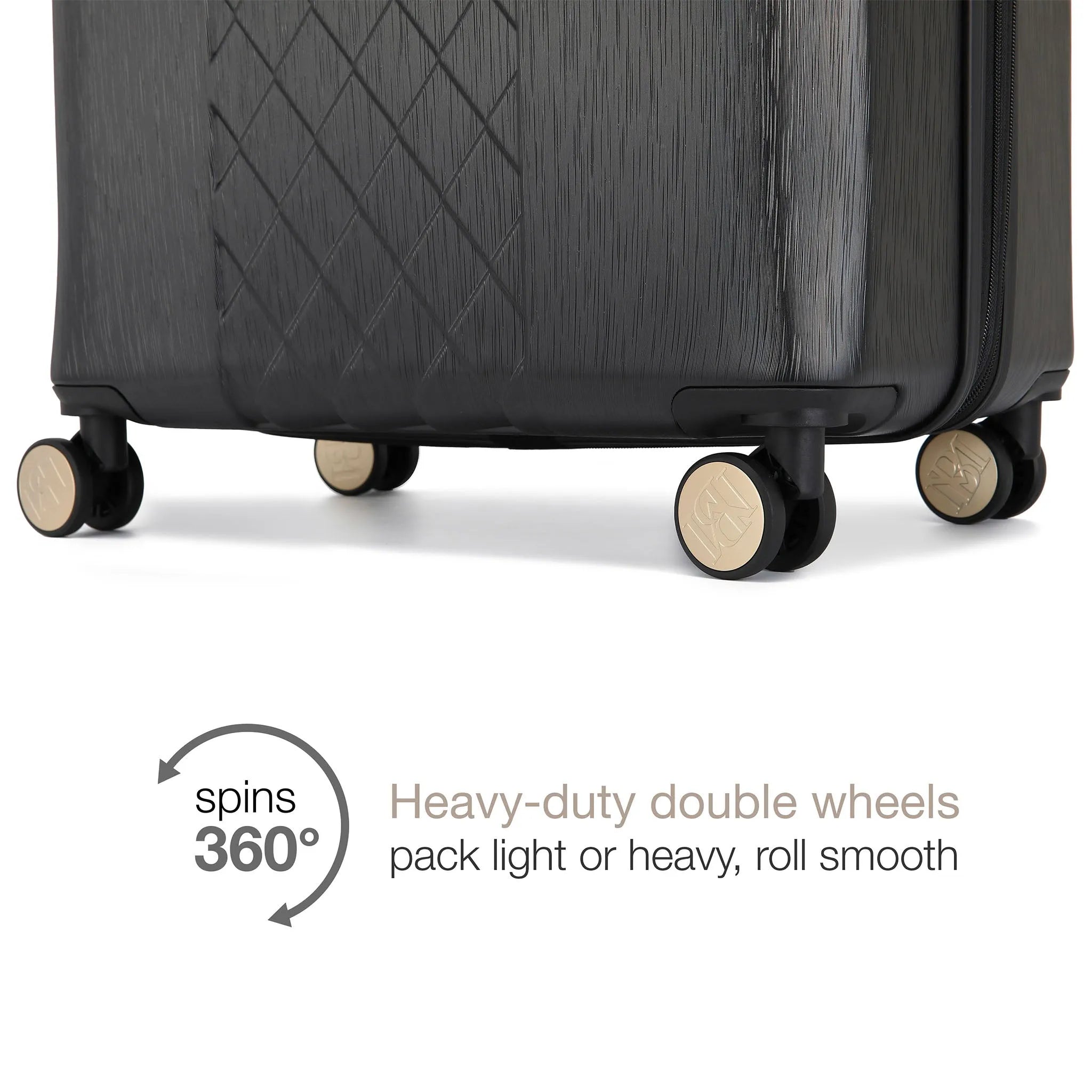 Black suitcase with wheels on a white background, highlighting 360-degree wheel feature.