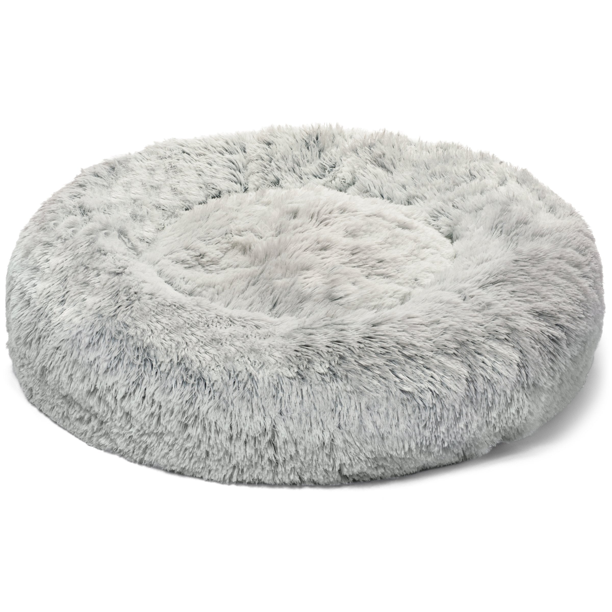 Fluffy gray pet bed on a white background