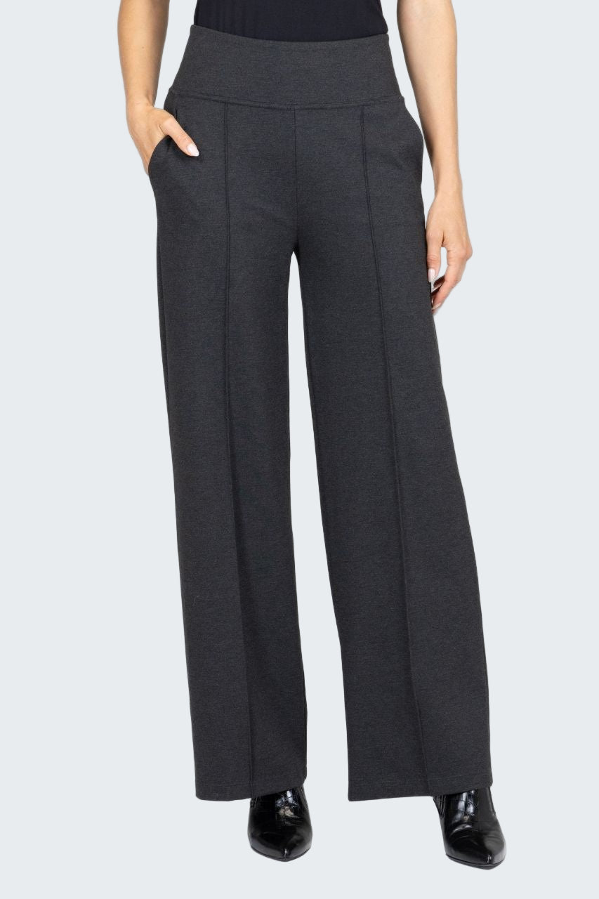 Dark gray wide-leg pants worn by a person on a white background