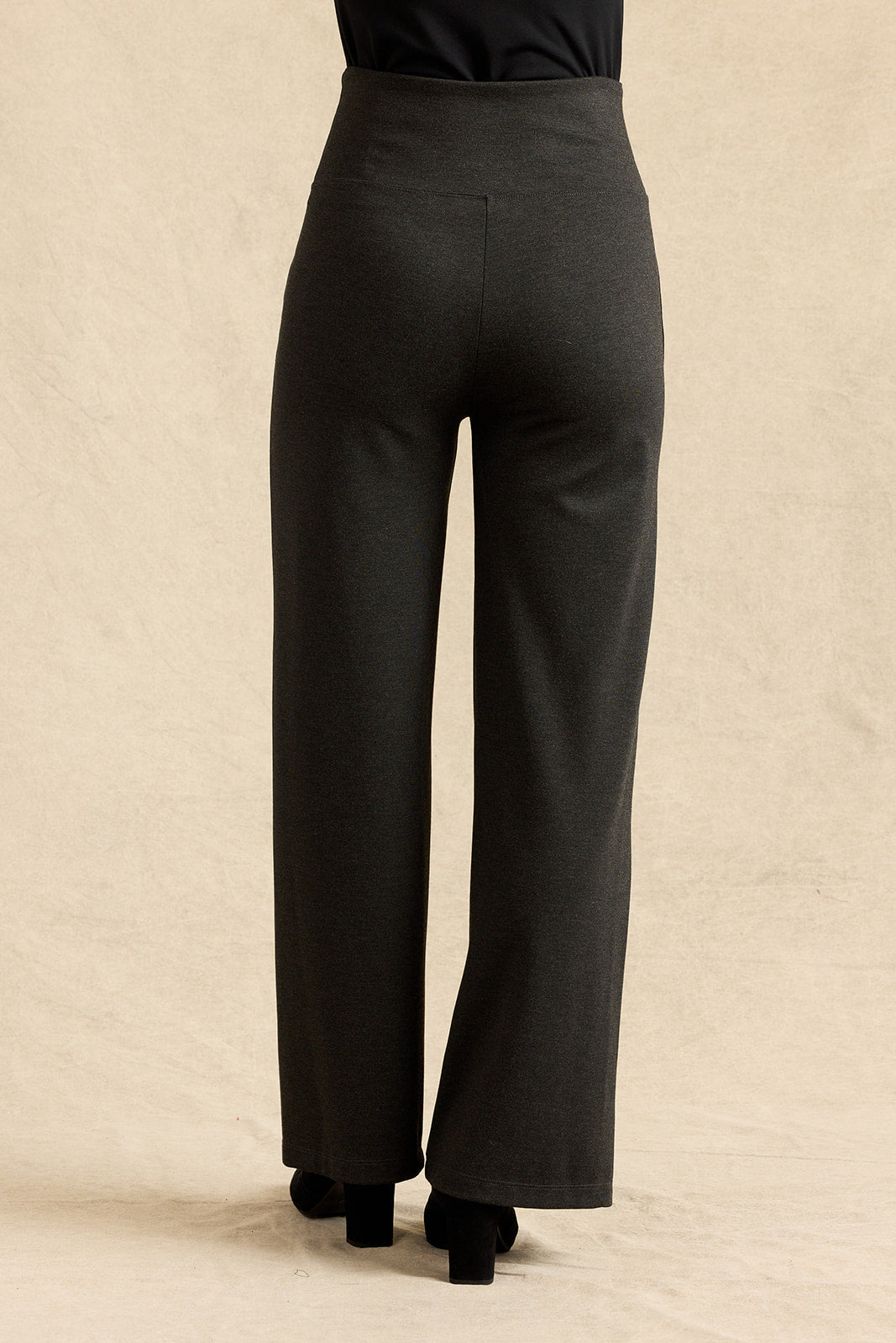 A person shown from the back wearing dark charcoal gray wide-leg trousers, paired with a black top and black heels, against a textured beige studio backdrop.