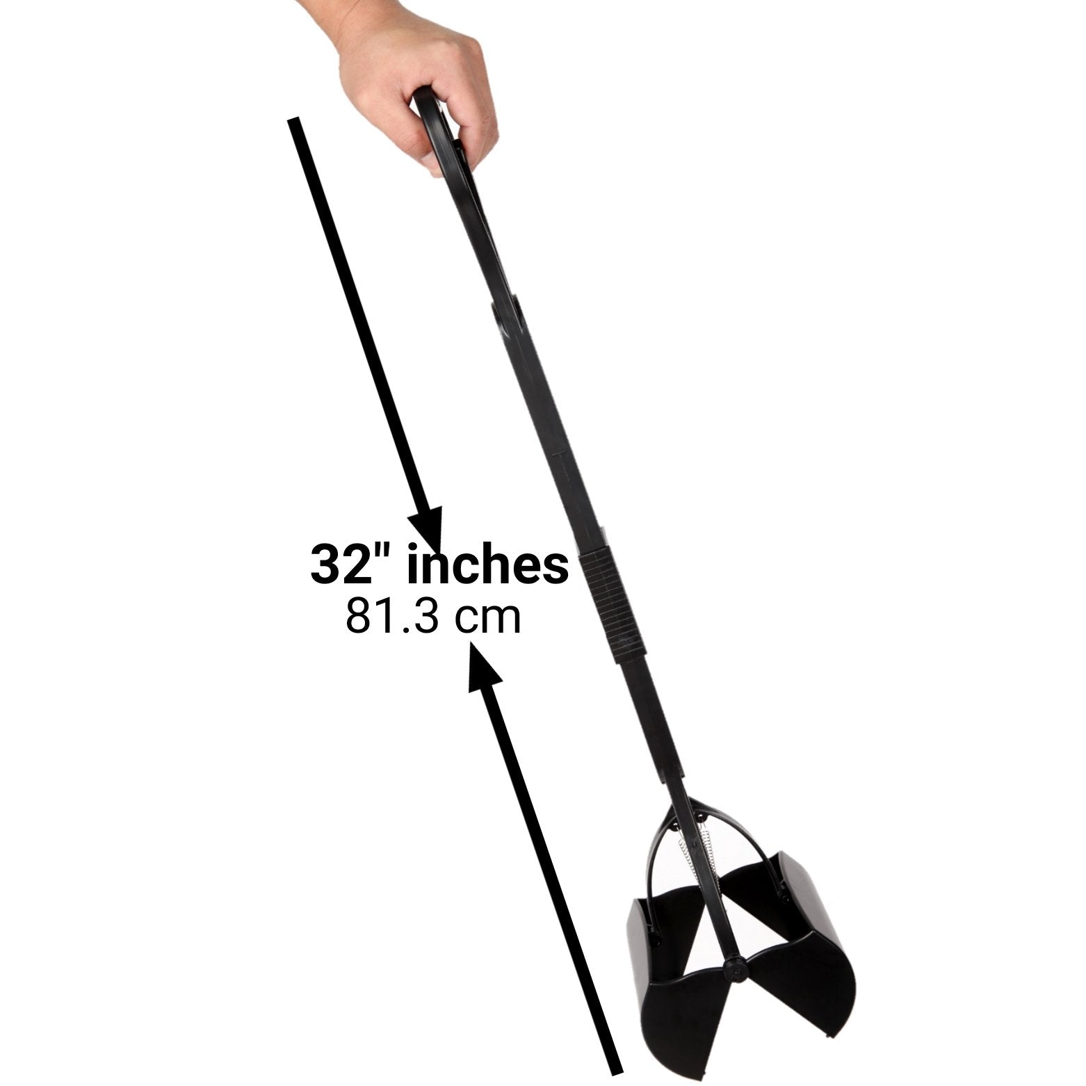 Black metal shovel with measurement label on a white background