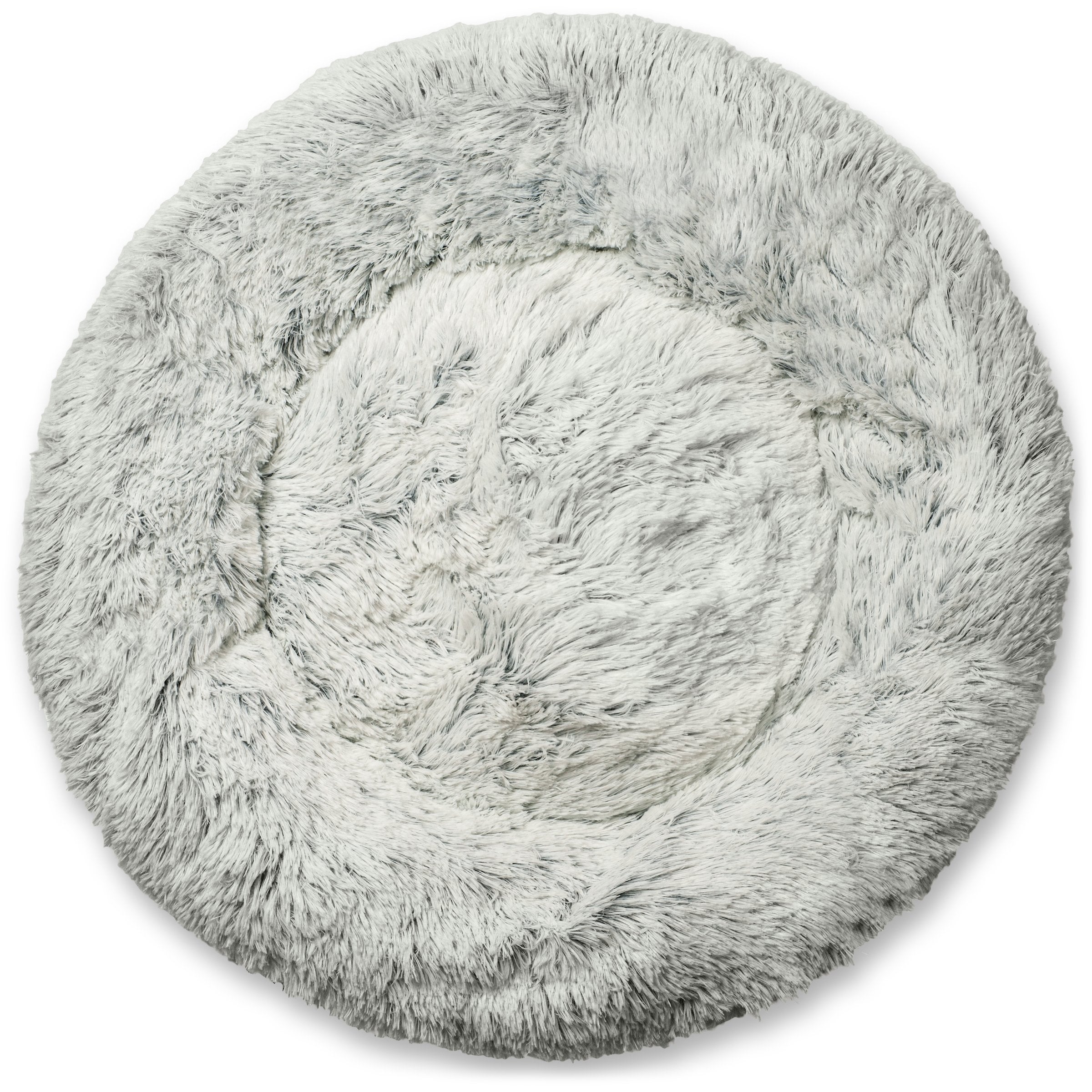 Round, fluffy gray rug on a white background