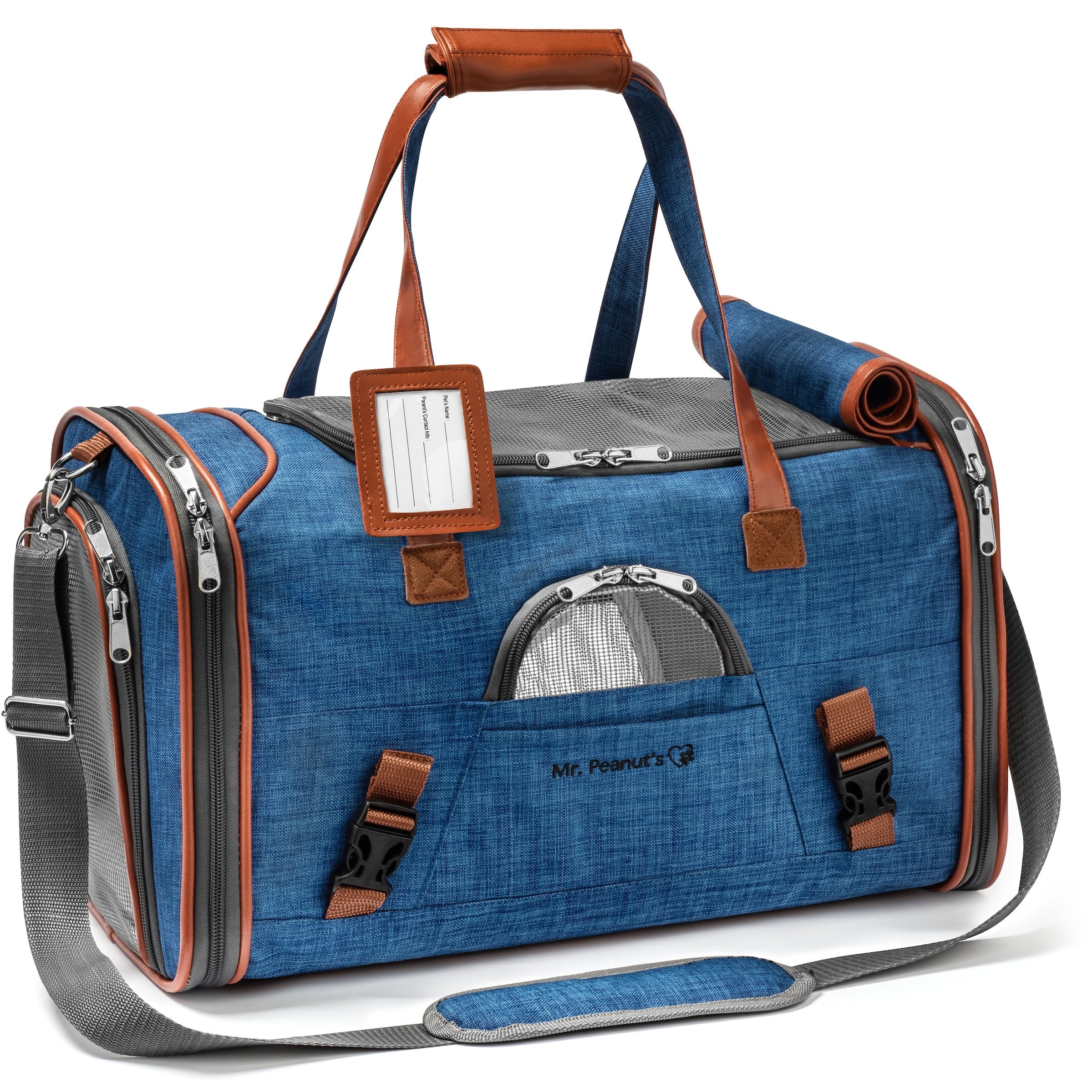 Blue pet carrier with brown straps on a white background