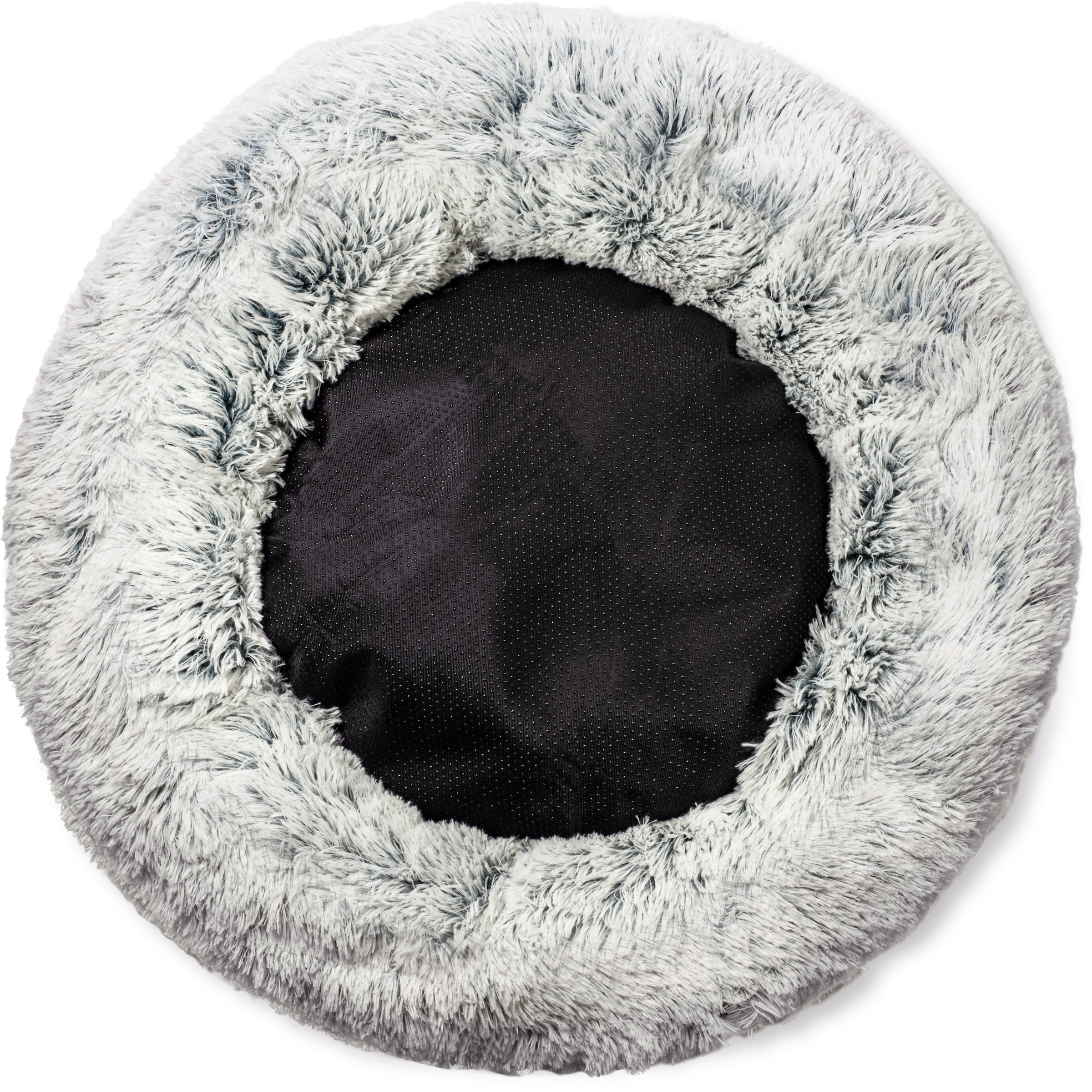 Round gray plush pet bed on a white background