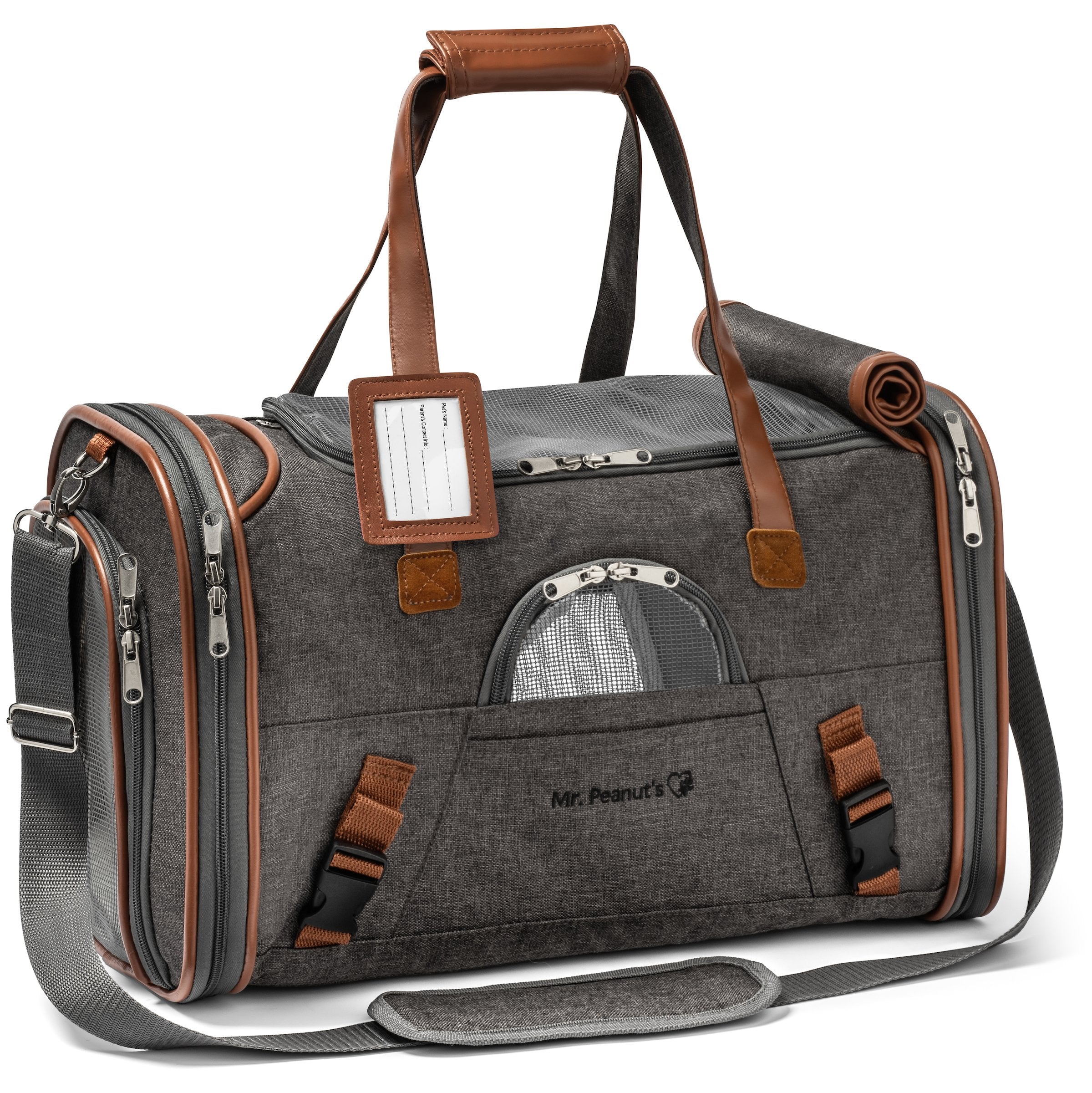 Gray pet carrier with brown straps and accents on a white background