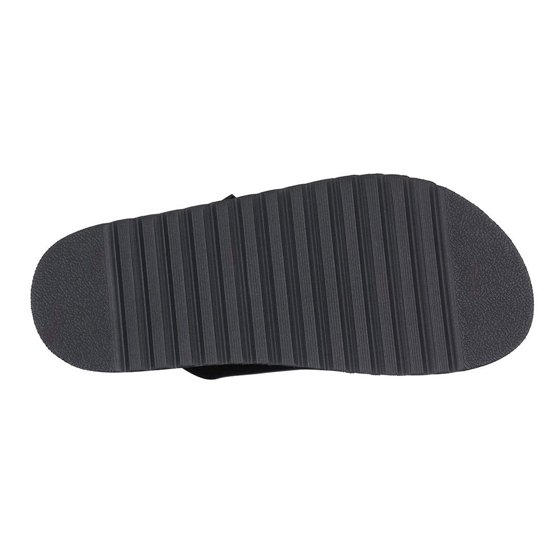 Black sandal sole with textured pattern on a white background