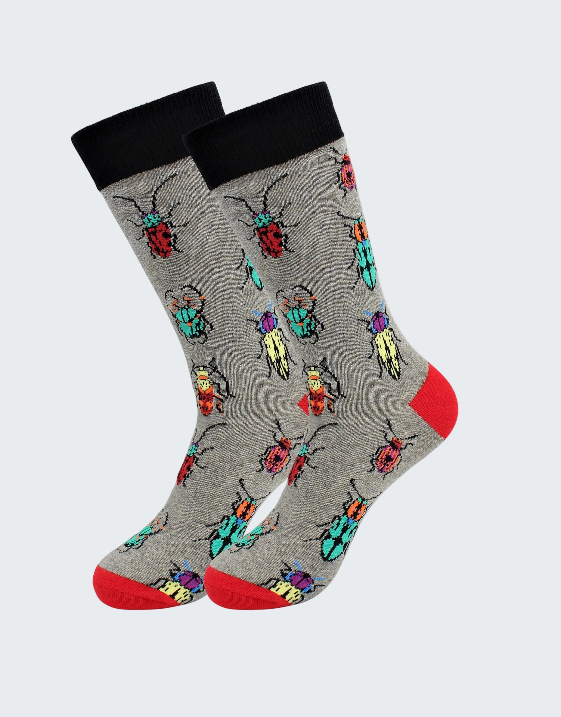 Gray socks with colorful beetle pattern and red toes on a white background