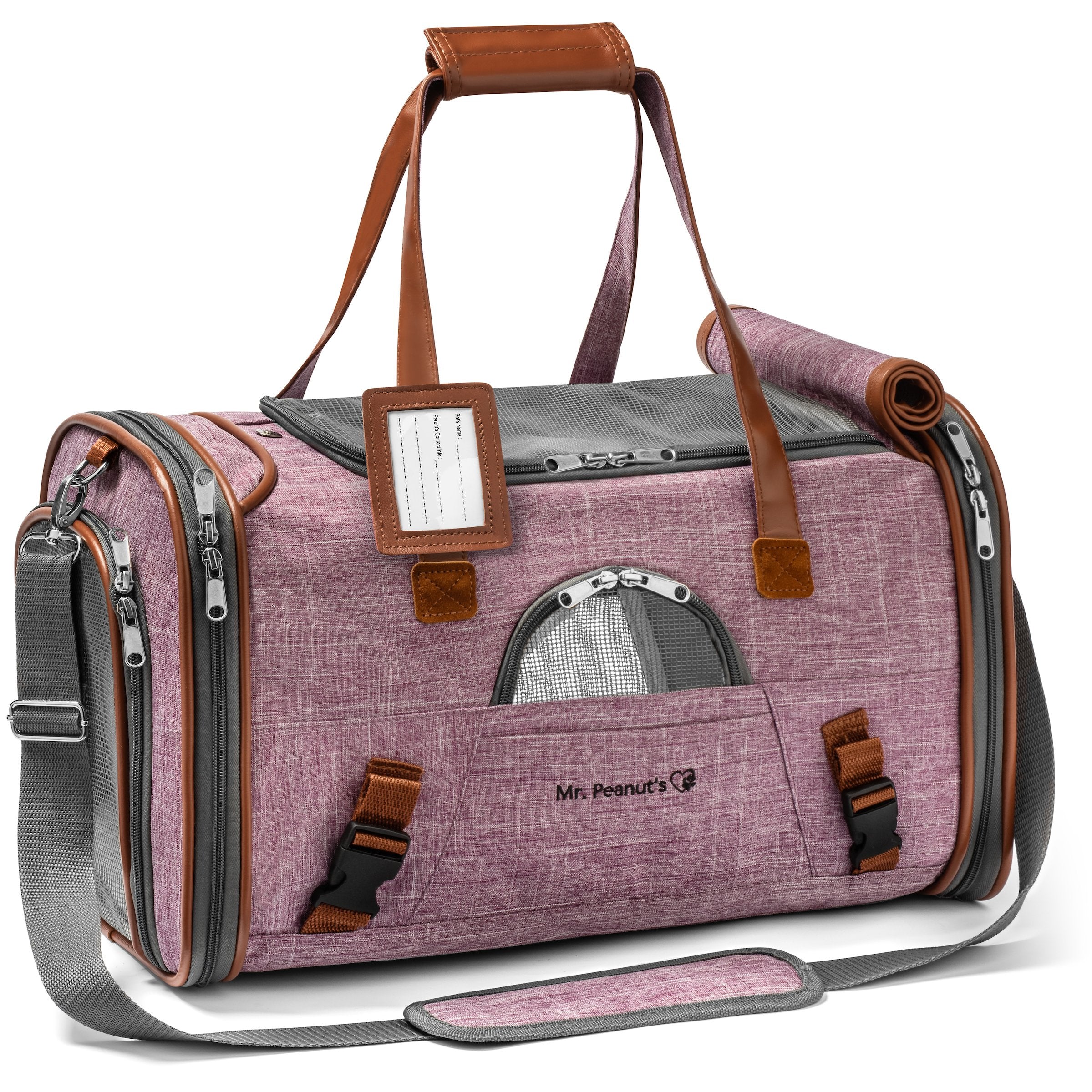 Pet carrier with brown straps and visible brand logo on a white background