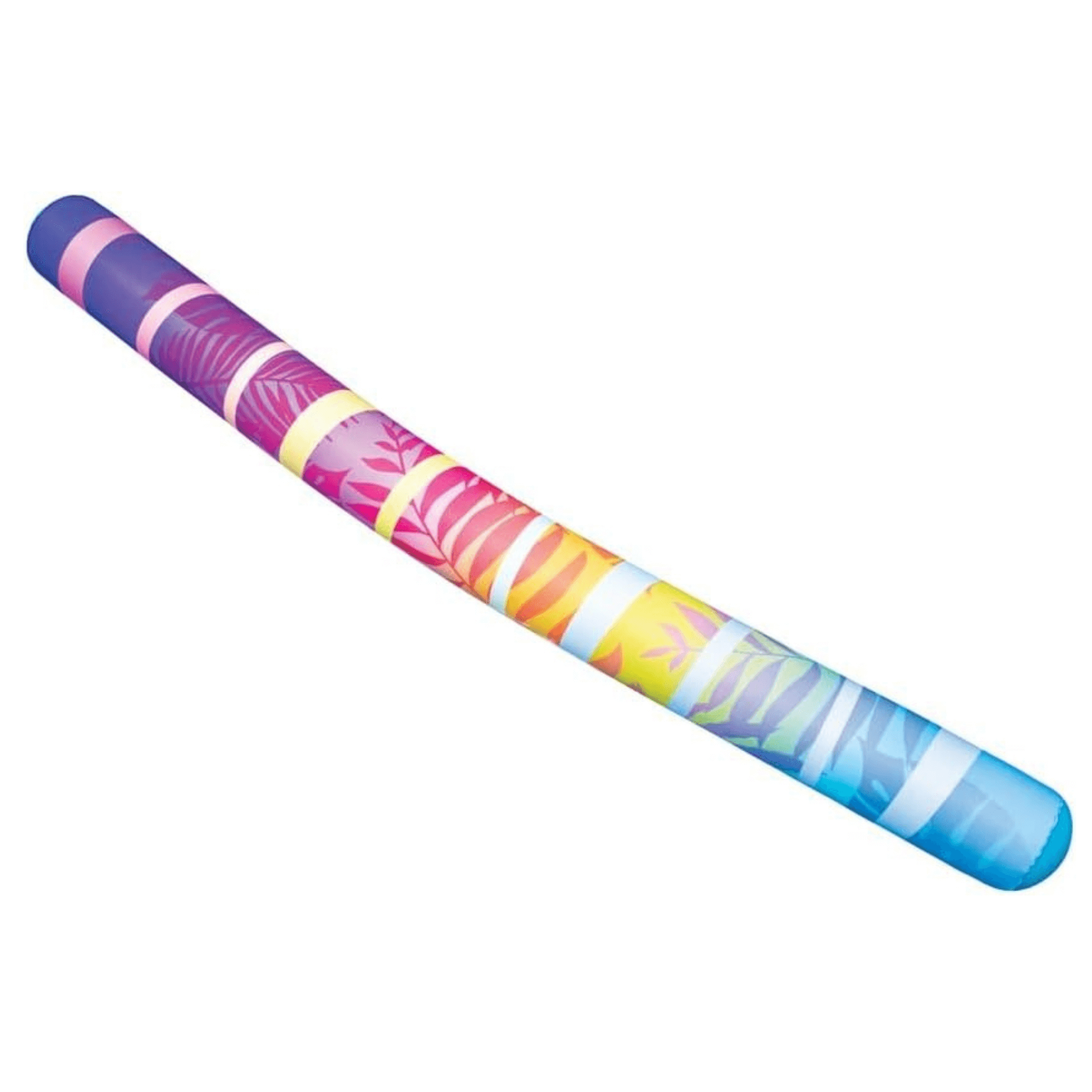 Colorful inflatable pool noodle with tropical pattern on a white background