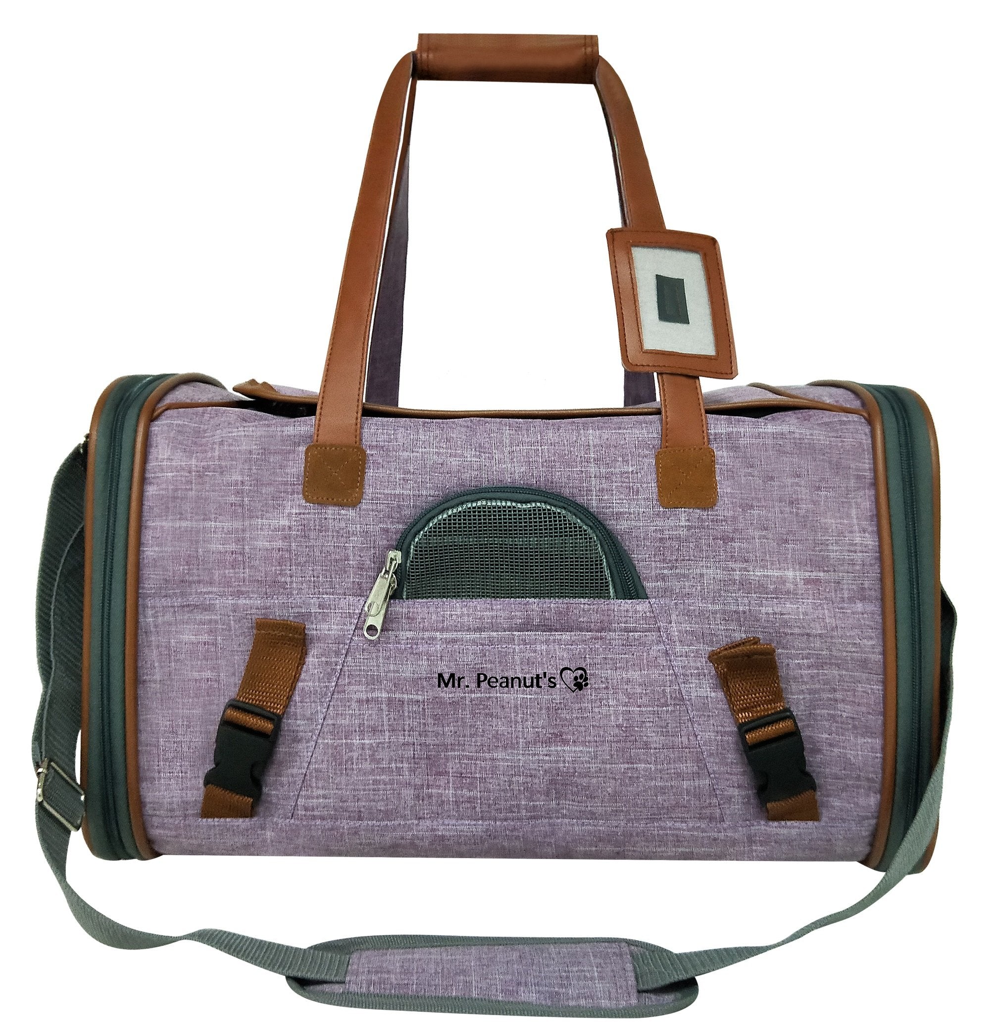Pet carrier with brown straps and visible brand logo on a white background