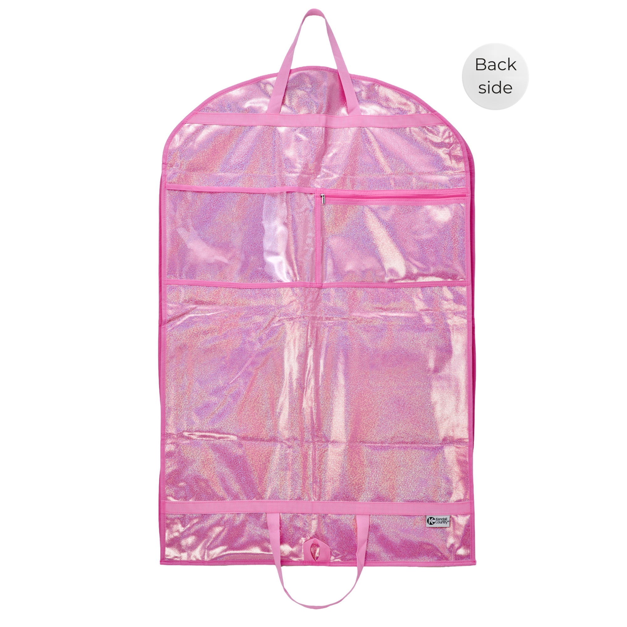Pink iridescent garment bag with clear front on a white background