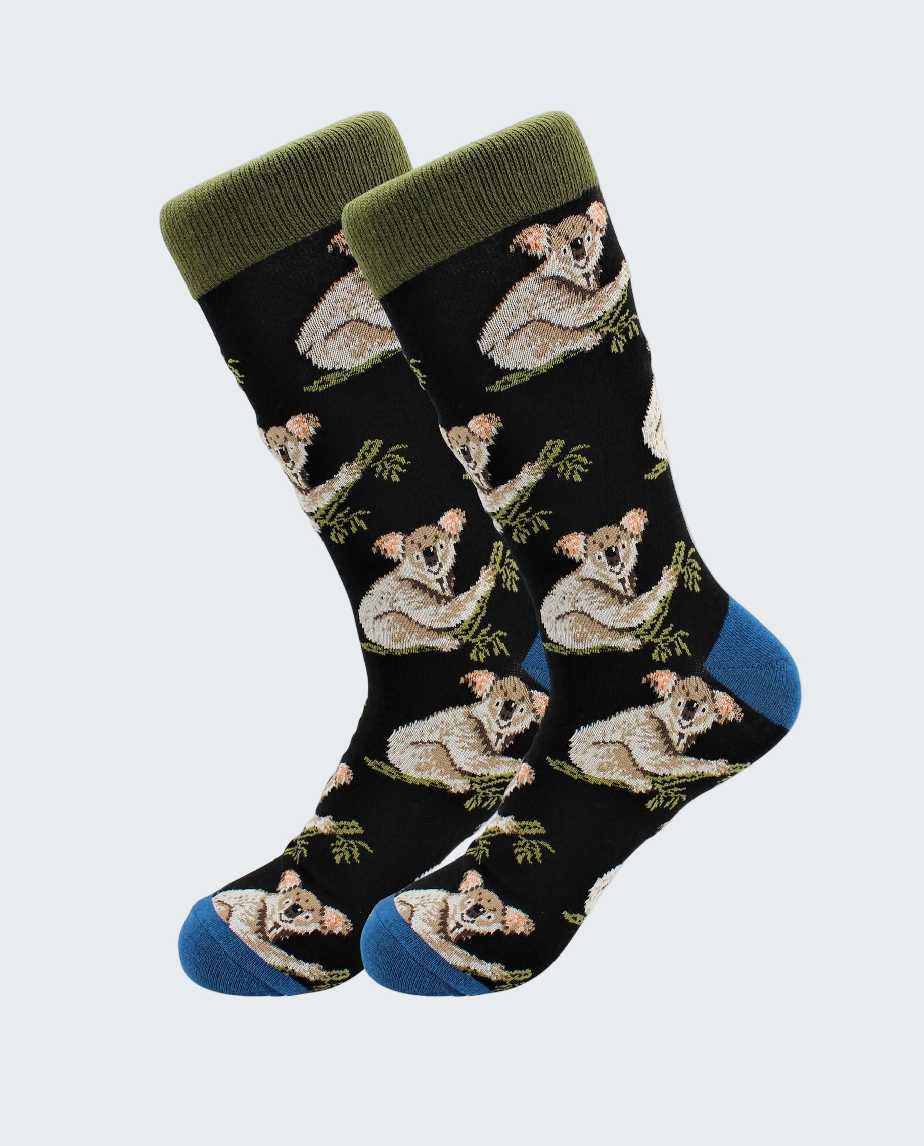 Pair of socks with koala bear pattern on a black background